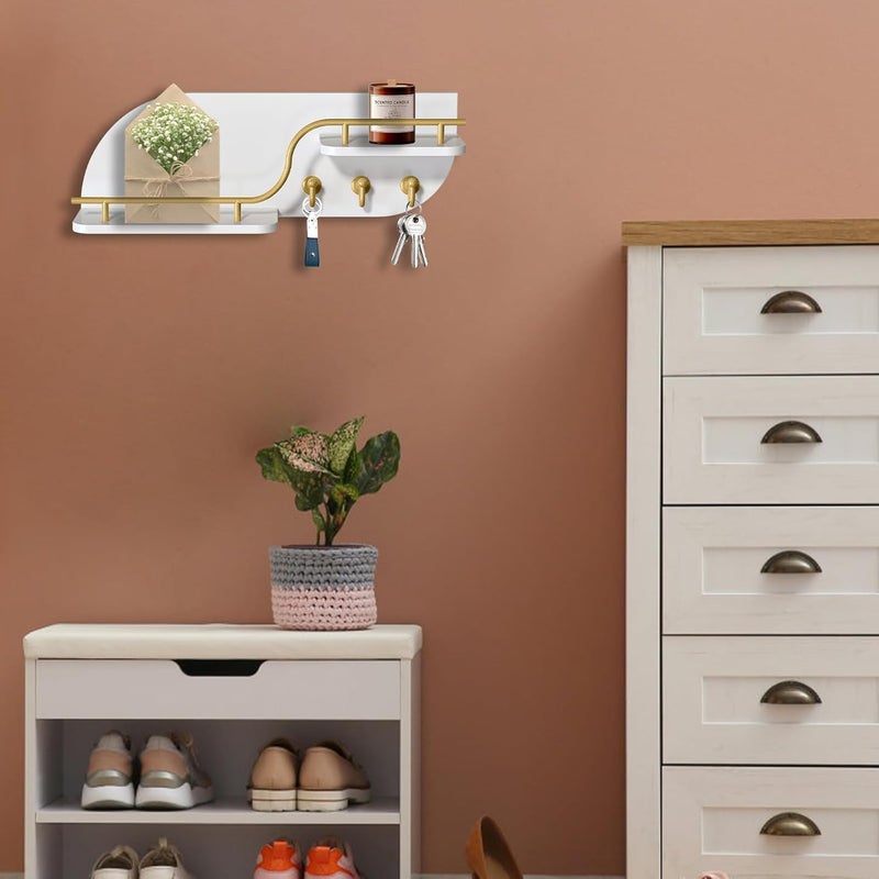 Karisky Key Holder for Wall, Decorative Key and Mail Organizer with 3 Metal Hooks and 2 Shelves, Wood Wall Mounted Key Rack for Entryway, White - Image 3